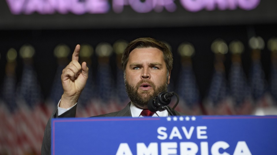 The Ohio Republican Senate candidate J. D. Vance speaks to supporters at a "Save America" rally.