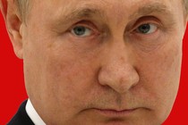 Putin, in front of a red background