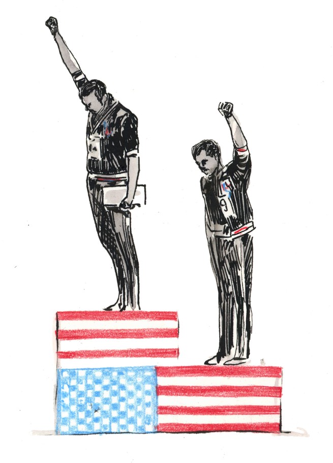 Illustration of men standing on steps decorated with an American flag pattern