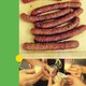 A collage of photos from a barbecue—a food table with Crockpots and chips, a plate of sausages, a circle of people taking novelty shots.