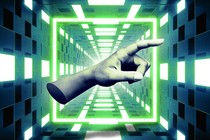 A graphic illustration of a wrist and hand pointing in a digital hallway.