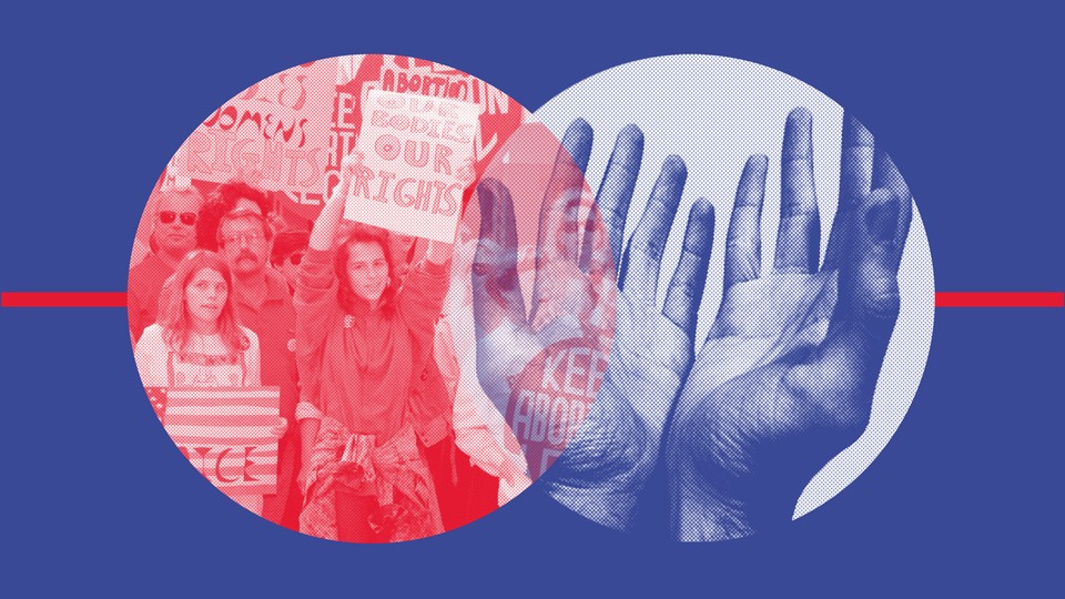 Two circles overlapping; the left one is red and contains a photo of women protesting for abortion rights; the right one is blue and contains a photo of hands outstretched in prayer
