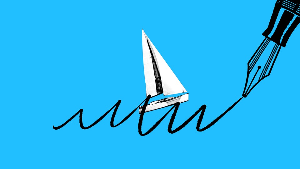 An illustration of a sailboat riding waves drawn by a pen