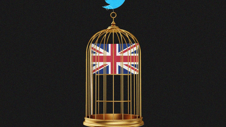 An illustration of the Twitter logo carrying a cage with the Union Jack flag inside.