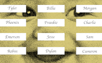a baby face with names cycling through three columns of slots