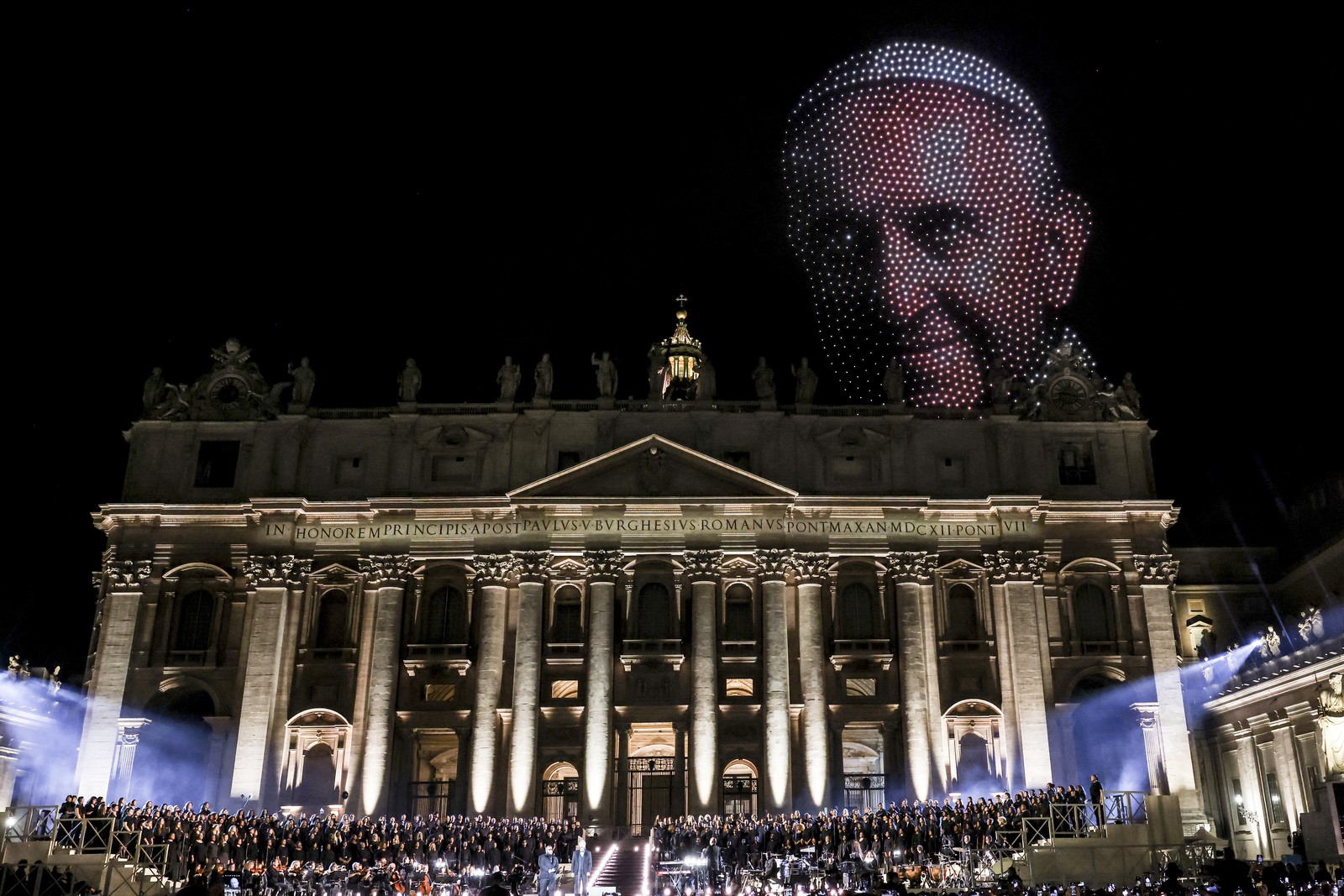 A drone display creates an image of the late Pope Francis while flying over St Peter's Square.