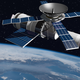 Graphic rendering of a satellite flying above Earth