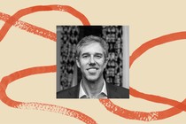 A black-and-white photo of Beto O'Rourke bordered by an illustration