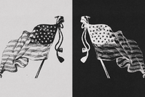 A black-and-white depiction of two American flags, with one in reversed tones