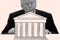 Donald Trump's face looking at the Supreme Court building