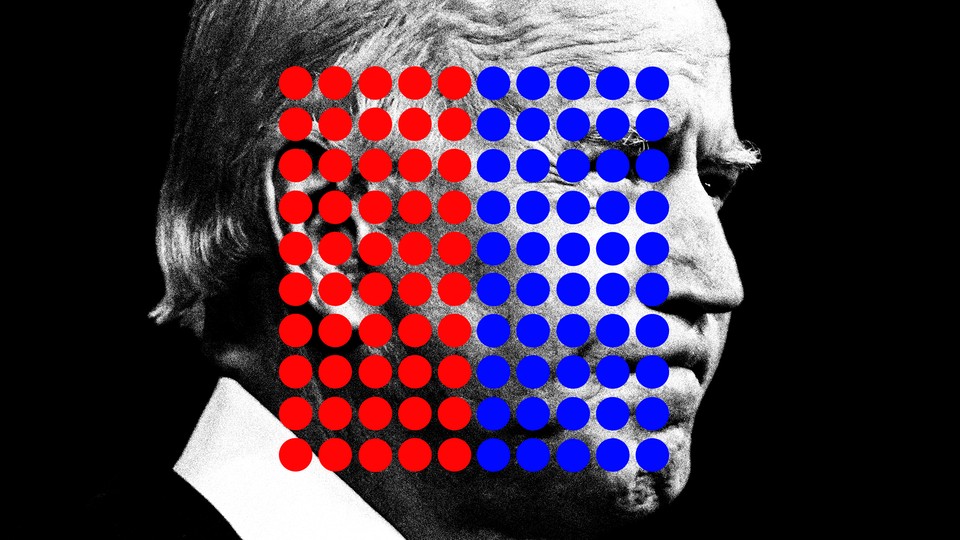 An illustration of Joe Biden with 50 red dots and 50 blue dots.