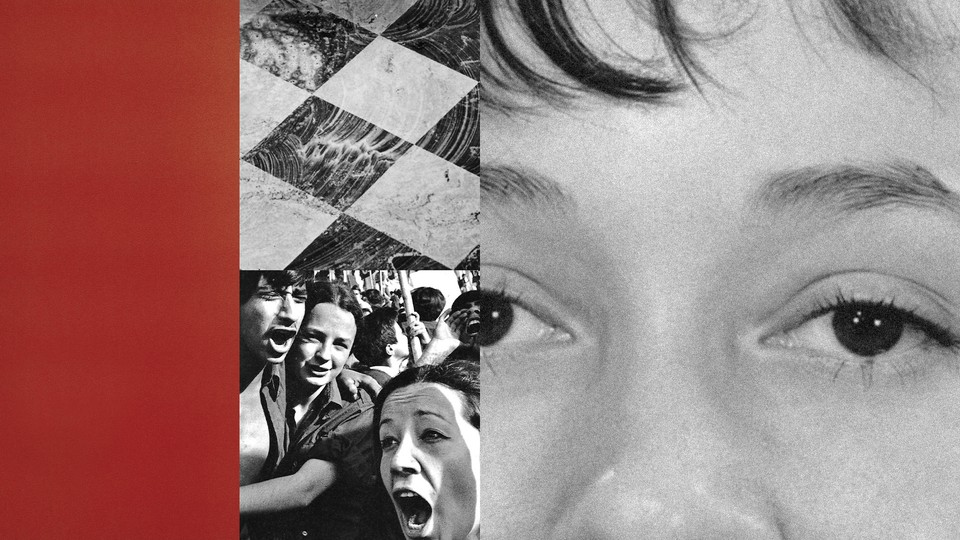 Collage of a red square, screaming protestors, and a child's face.