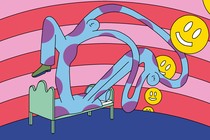 An illustration of a person leaping happily out of bed in the morning.