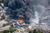 Aerial photograph of a fire in the aftermath of a train derailment in East Palestine, Ohio, in February 2023