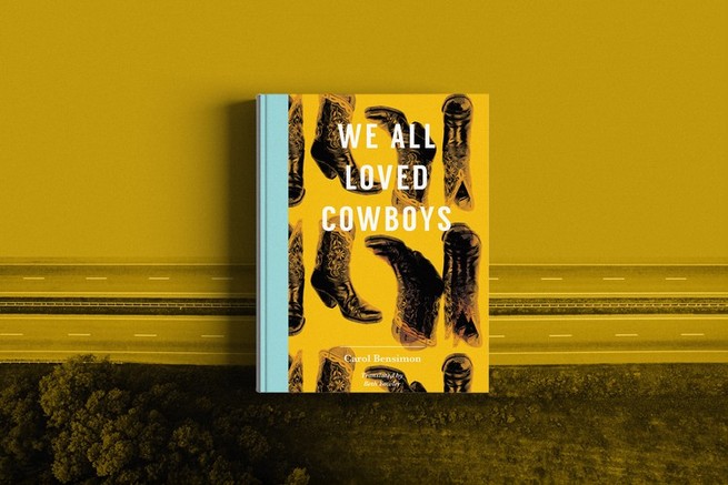 the cover of 'We All Loved Cowboys' with a yellow background and cowboy boots