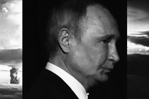 An photo-illustration of Vladimir Putin flanked by images of a nuclear detonation