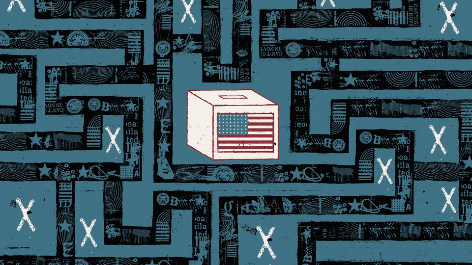 A drawing of a ballot box with an American flag on it sits at the center of a maze.