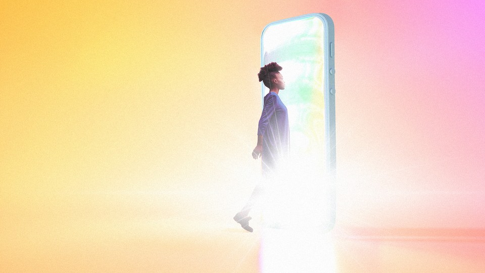 An illustration of a woman walking into an iPhone screen