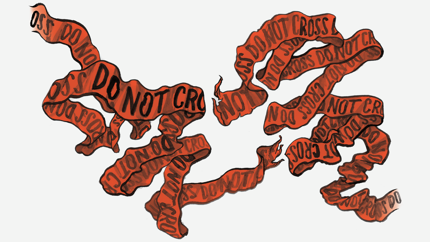 Ilustración de una cinta policial rota y ondeando, con la frase “NO CRUZAR” repetida.