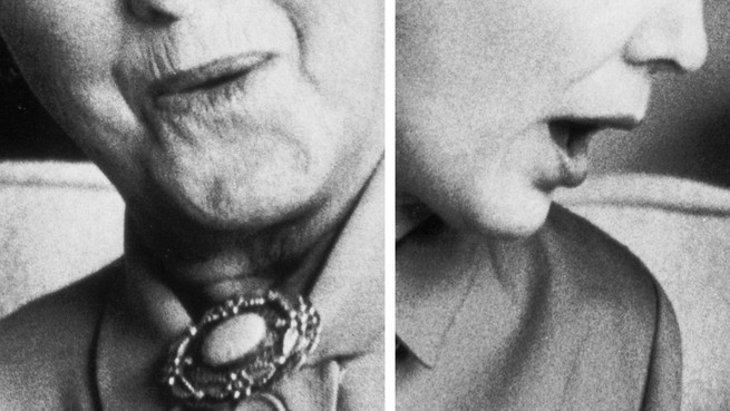 Two close-ups of women's mouths as they're talking