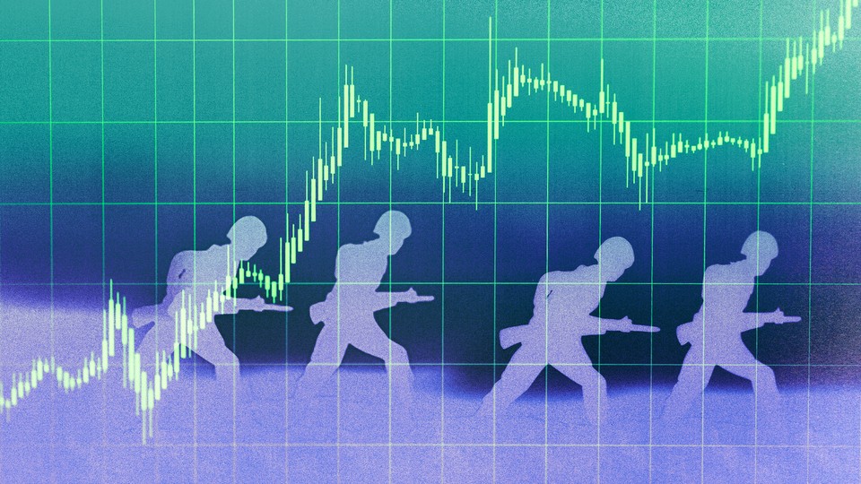 Illustration of soldiers running superimposed with an upward graph line