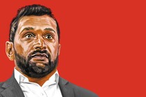 illustration of Kash Patel in white collared shirt and gray suit jacket on red background