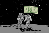 An illustration of two astronauts on the moon. They are holding a flag with a 100 dollar bill on it.