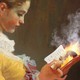 Illustration based on Fragonard's painting "Young Girl Reading" of a girl in yellow dress reading a book, with a mirror image of the girl appearing out of the book along with flames and smoke
