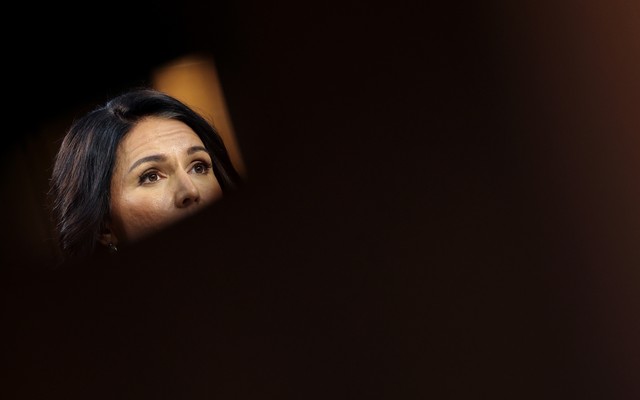 Tulsi Gabbard's face, mostly exposed by a dark blur