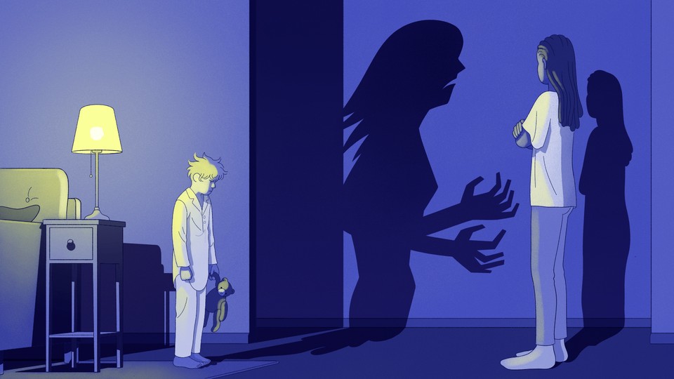 An illustration of a boy looking at a woman with a scary shadow.