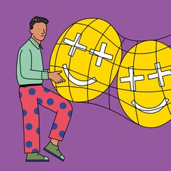 An illustration of a man and a woman. The woman is holding a net carrying three happy faces.