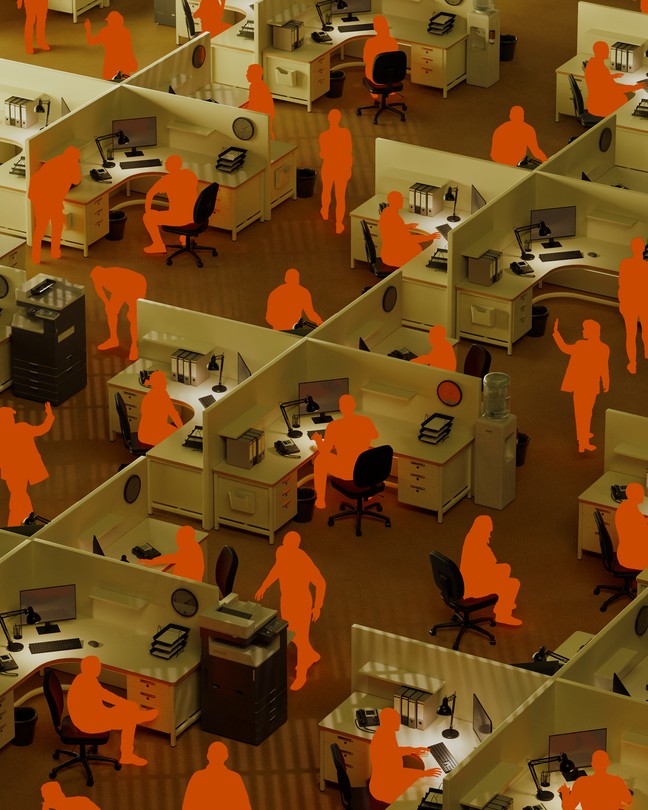 An illustration of silhouettes in cubicles.