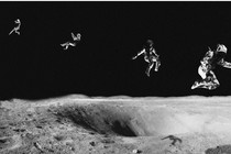 A series of astronauts floating through a dark expanse of space over a moon-like, cratered surface