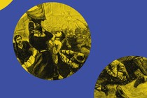 Cutouts of drawing of Bloody Sunday against a blue background