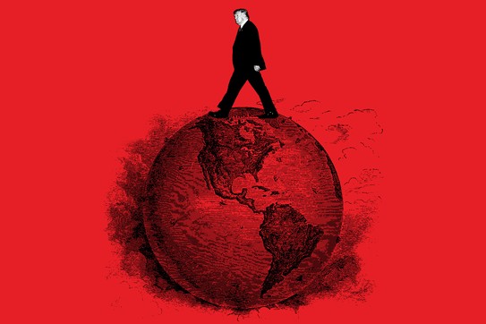 Illustration of a black-and-white image of Donald Trump walking across the Americas on a globe