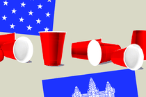 Red Solo cups between the American and Cambodian flags
