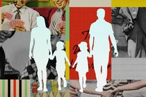 A collage of vintage photos of smiling adults, with the empty silhouettes of two parents and two kids superimposed over them