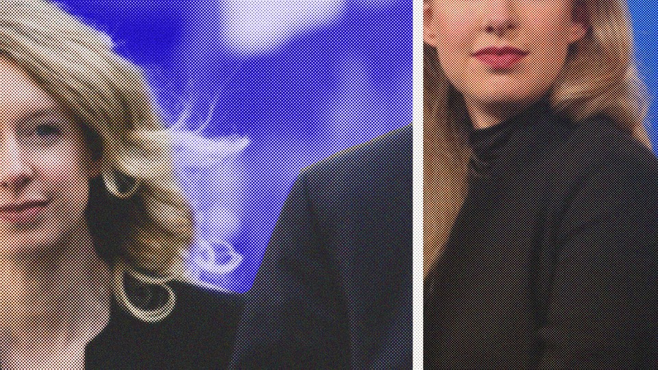 Collage of two photos of Elizabeth Holmes