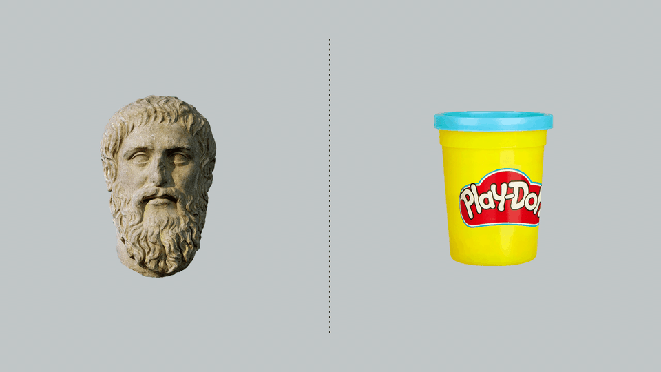 A stone bust of Plato next to a yellow-and-red can with a blue lid labeled "Play-Doh"