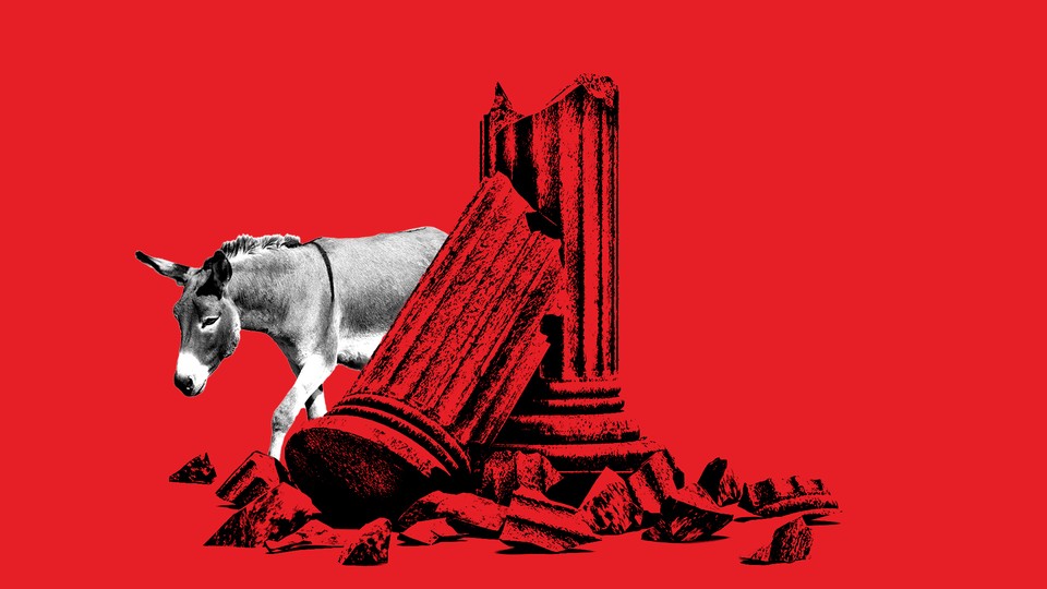 Illustration of a donkey next to a crumbling stone pillar