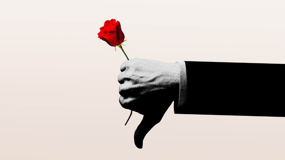 Illustration of a hand making the thumbs-down gesture while holding a rose