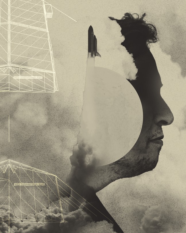 Elon Musk in clouds with a rocket launching and a wireframe of a tent