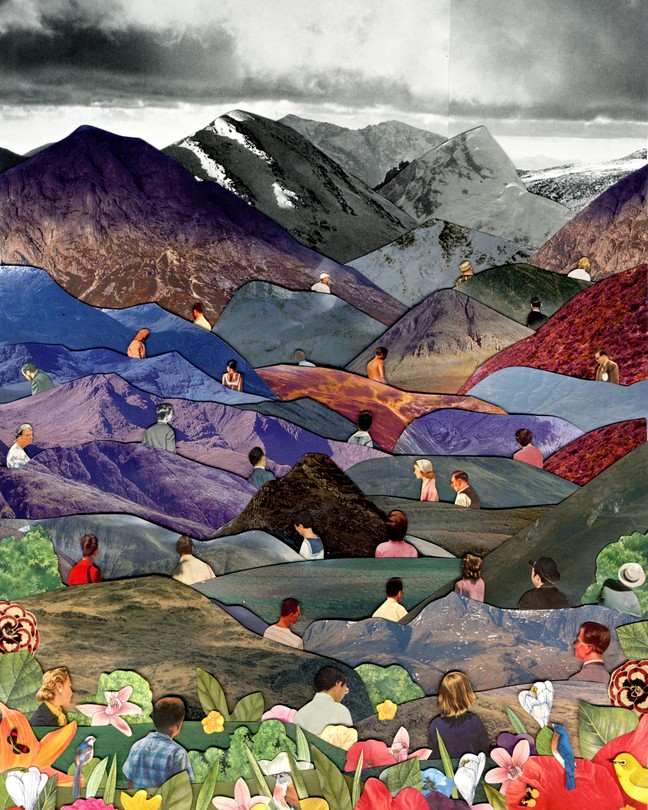 people standing among mountains