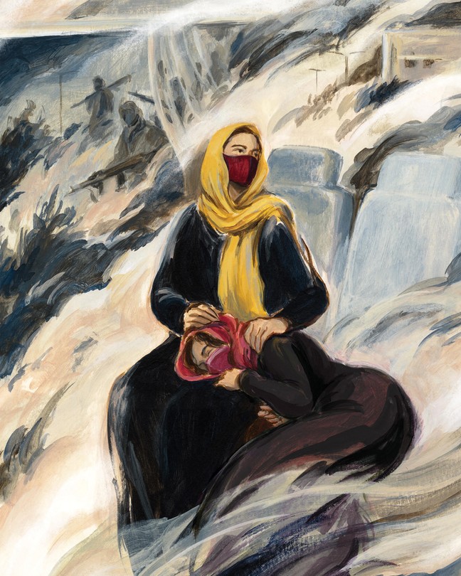 illustration of two robed women wearing masks and hijab in bus seats, one resting her head on the other, surrounded by smoke and shadow figures with rifles