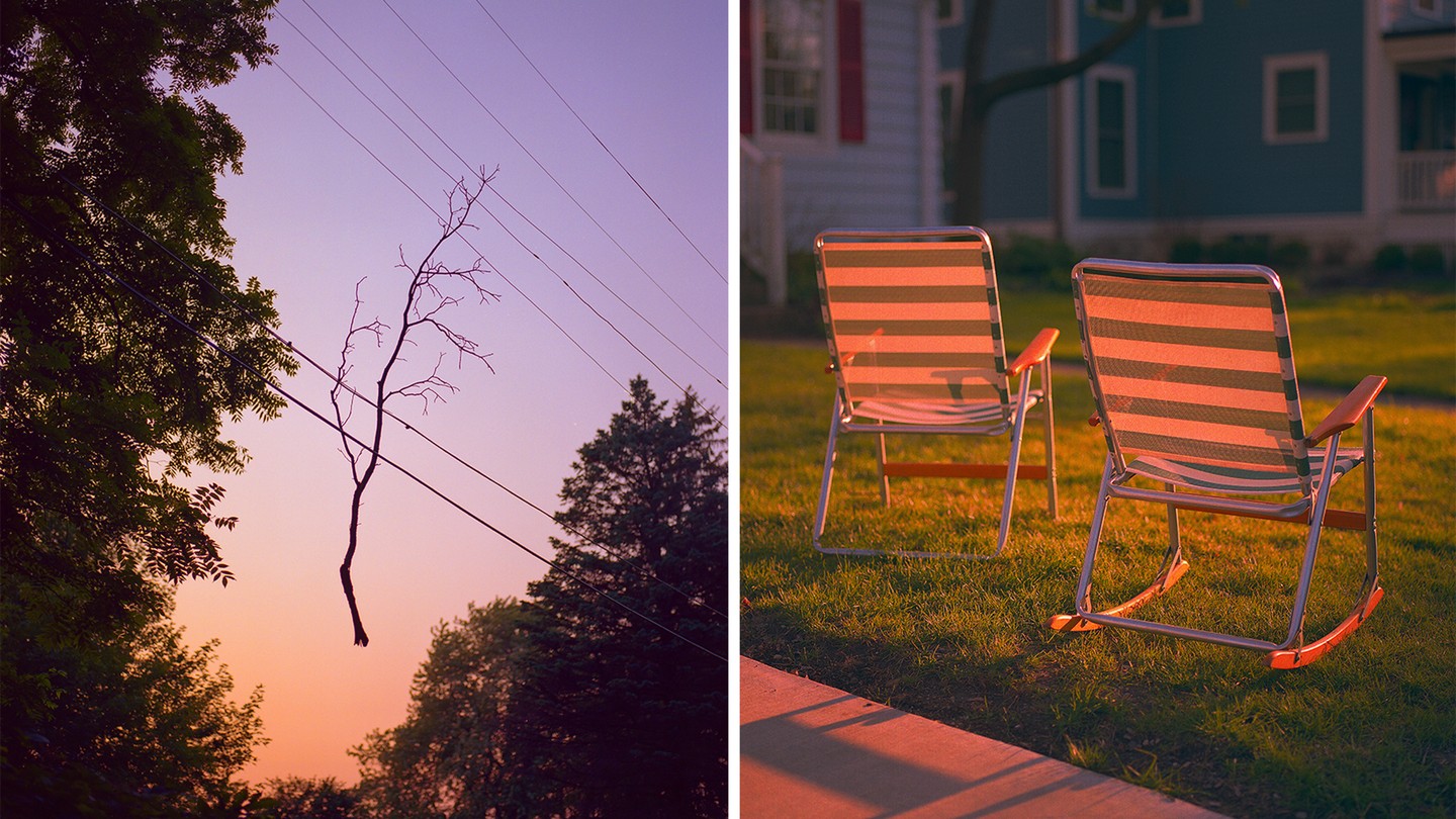 Tree branch on electric line, two reclining lawn chairs