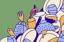 Tiny woman climbing up a huge mountain of dishes