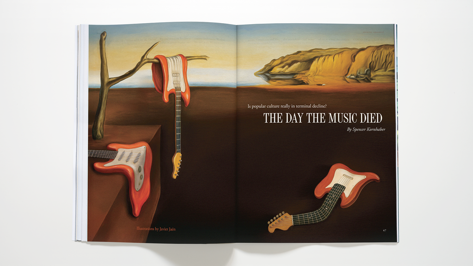 A color photograph of the Atlantic June 2025 issue, open to the article spread "The Day the Music Died."