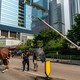 Protesters in Hong Kong take down a lamppost