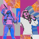 A photo collage in blue, pink and orange of (from left to right) Adéla, Slayyyter, and Kim Petras
