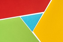 Interconnecting shapes in red, cyan, green, and yellow—Google's colors